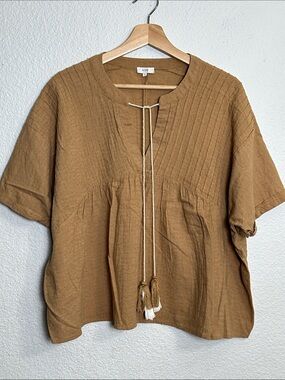 VOY Tan V Neck Blouse Top Boho Tassels Flowy Womens Size Large Coastal Cowgirl
